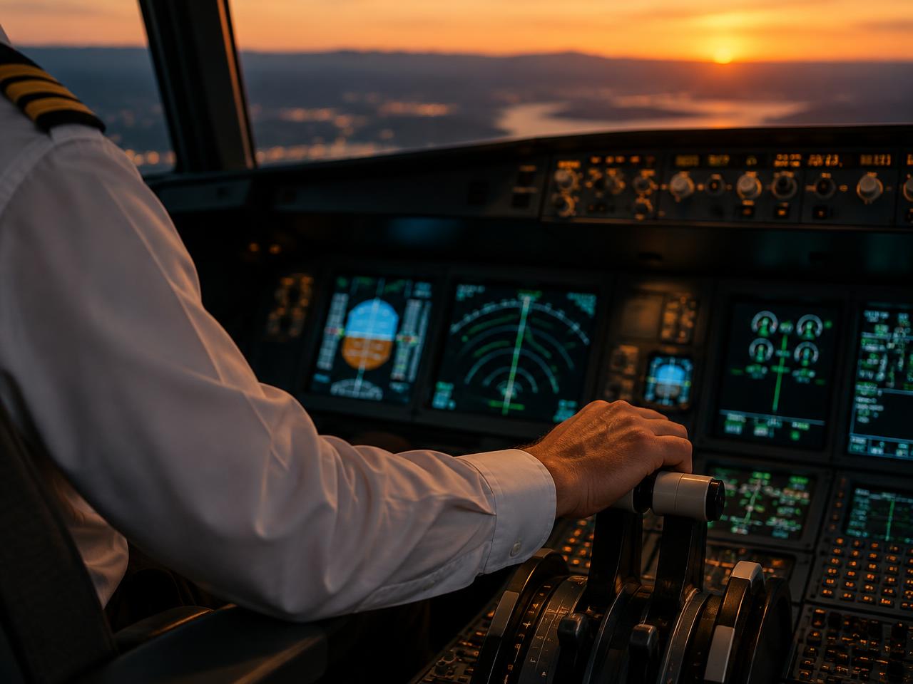 Pilotenhand am Schubhebel vor beleuchteten Cockpit-Instrumenten in der Abenddämmerung